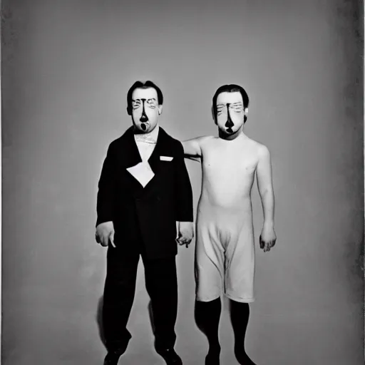 Image similar to a monochromatic studio portrait photograph of a two - headed man from the 1 9 4 1 movie freaks, in the style of diane arbus, dramatic lighting