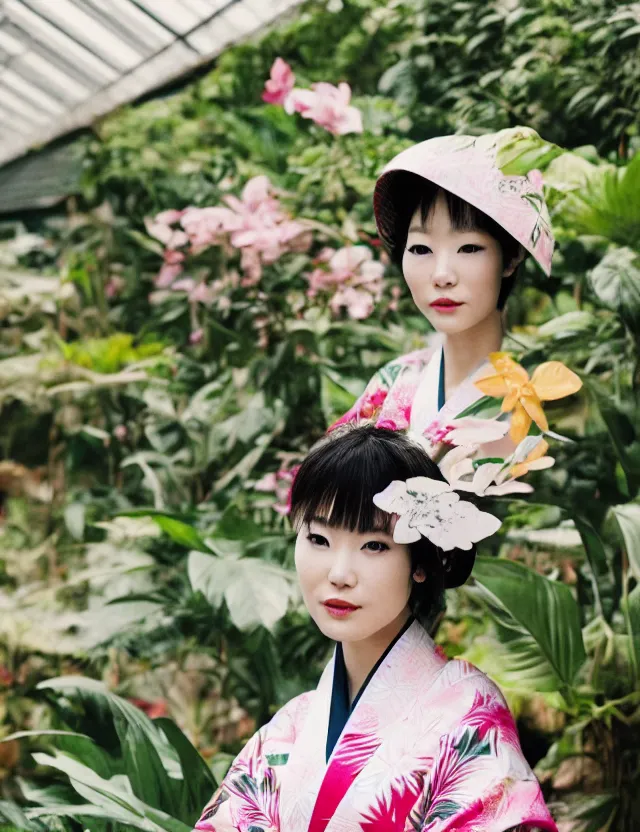 Prompt: photograph of a beautiful Japanese woman wearing a pretty kimono in a tropical greenhouse, by Annie Leibowiz, extremely detailed, large format camera, Fuji Provia, bokeh, blurred background, photorealistic, trending on artstation, trending on instagram
