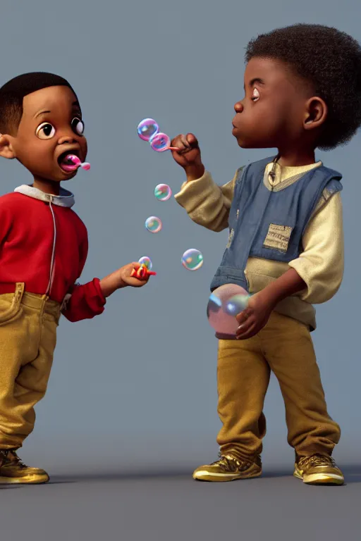 Prompt: Will Smith and Chris Rock As Short Midgets Holding Hands And Blowing Bubbles, illustration, soft lighting, soft details, painting oil on canvas by Edmund Blair Leighton and Charlie Bowater octane render, HDR, trending on artstation, 4k, 8k, HD