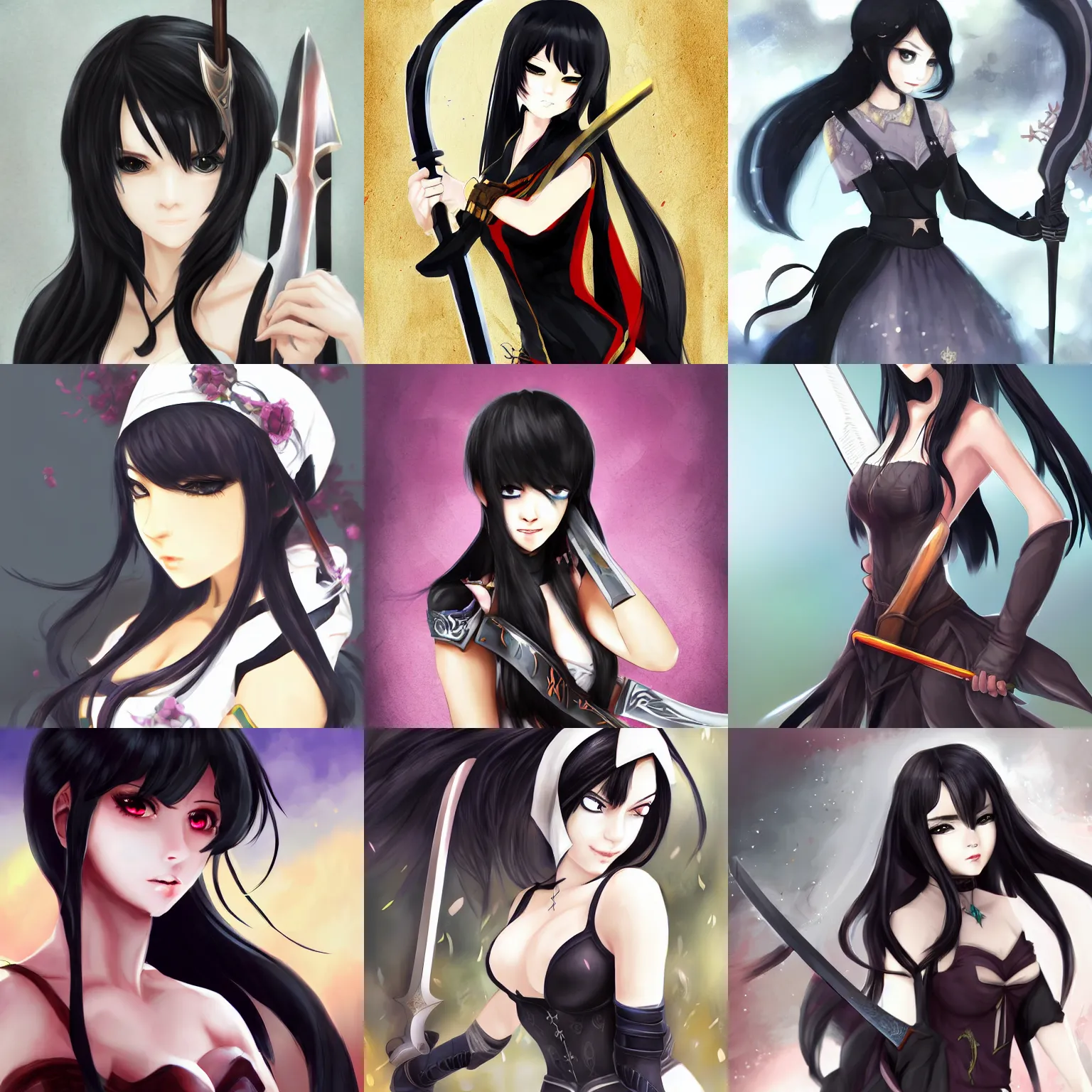Prompt: a beautiful girl with black hair equipped with a sword by yuumei