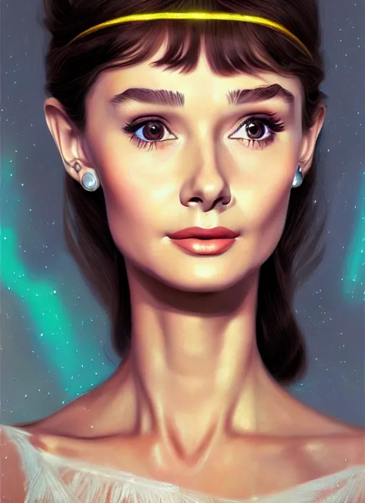 Image similar to portrait of young audrey hepburn with bangs, 1 9 7 0 s, long hair, groovy hairband, bangs, intricate, elegant, glowing lights, highly detailed, digital painting, artstation, concept art, smooth, sharp focus, illustration, art by wlop, mars ravelo and greg rutkowski