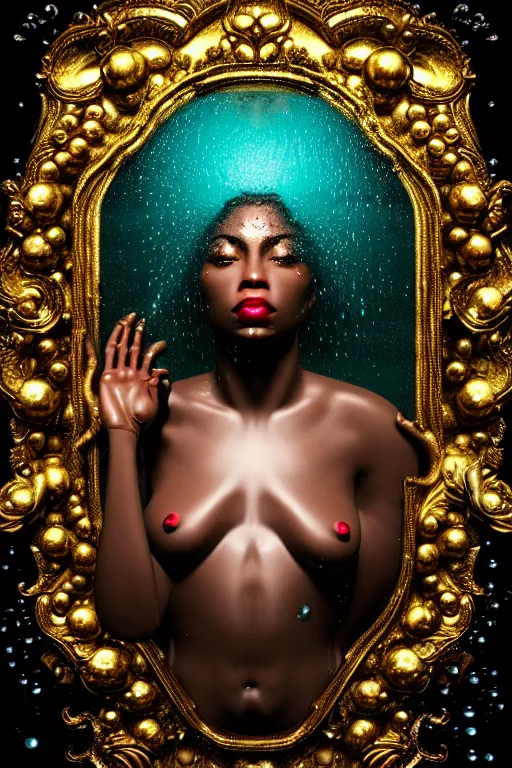 Prompt: hyperrealistic post rococo cinematic very expressive! black oshun goddess, in water up to her shoulders, mirror dripping droplet!, gold flowers, highly detailed face, digital art masterpiece, smooth eric zener cam de leon dramatic pearlescent volumetric teal light, wide shot, high angle uhd 8 k, sharp focus