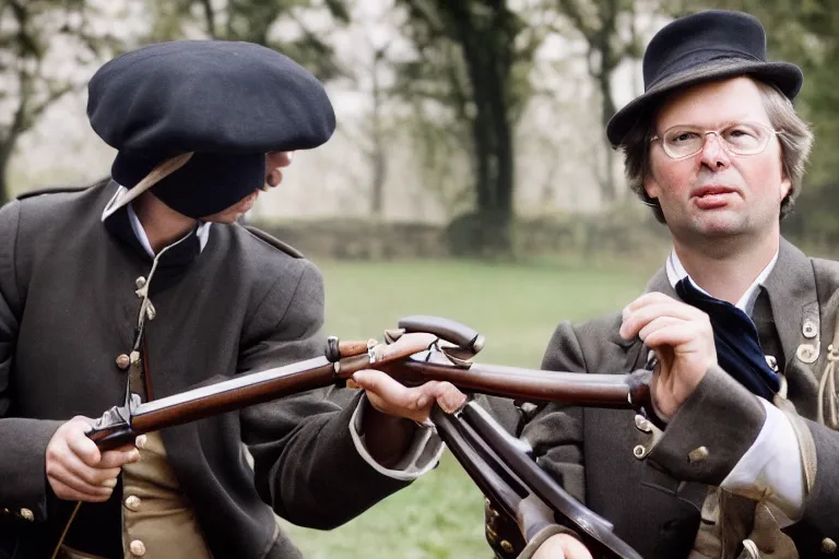 Image similar to closeup portrait of jan peter balkenende firing a musket, natural light, sharp, detailed face, magazine, press, photo, steve mccurry, david lazar, canon, nikon, focus