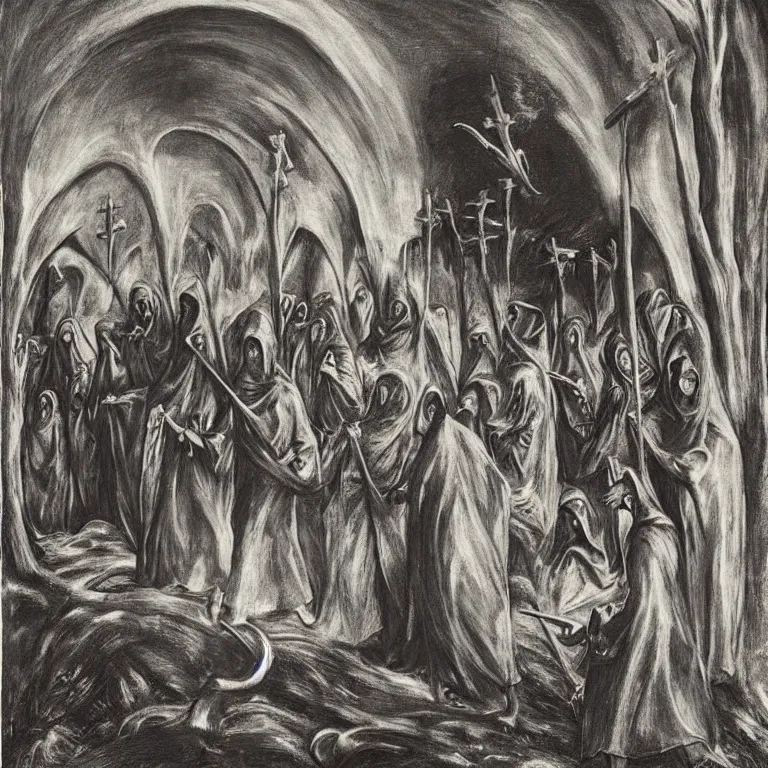 Prompt: A Holy Week procession of grim reapers in a lush Spanish landscape at night. A hooded figure at the front holds a cross. El Greco, Remedios Varo, Carl Gustav Carus, Edward Hopper.