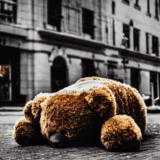 Prompt: dirty teddy bear lying on a busy street as people are walking by, highly detailed, sharp focus, depth of field, street photography, busy city, steam