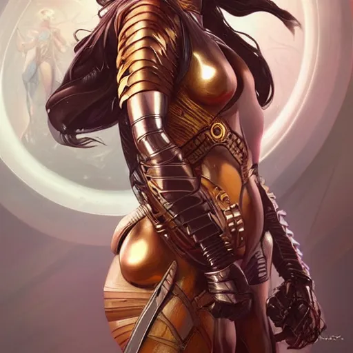 Prompt: futuristic warrior woman, sci-fi, fantasy, intricate, elegant, highly detailed, digital painting, artstation, concept art, smooth, sharp focus, illustration, art by artgerm and Roberto Ferris and alphonse mucha