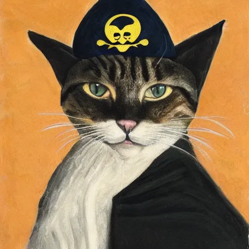 Prompt: portrait of a cat, wearing a pirates hat, wearing robes