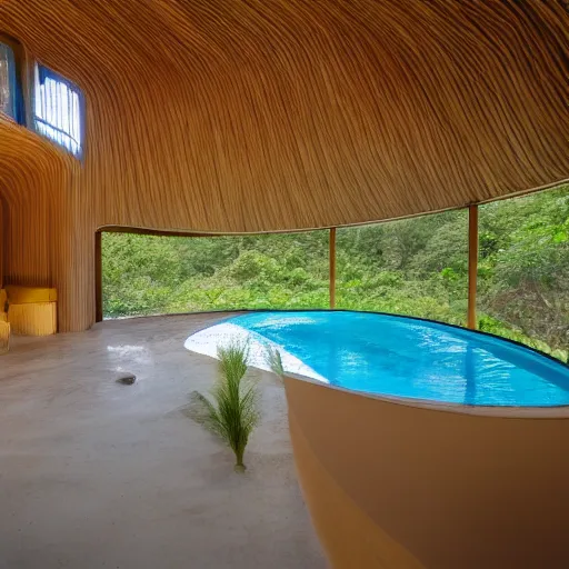 Image similar to curvilinear eco house interior with a small swimming pool. View on outside jurrasic forest