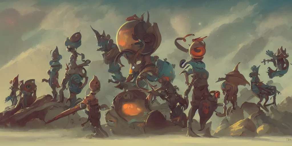 Image similar to Character concept art of a group of quirky outcast that are a crew on a small spaceship by Peter Mohrbacher