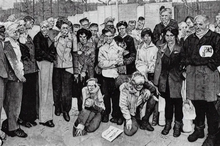 Prompt: a norman rockwell painting of a group of pro - lesbian lgbt activists making a stand in front of a russian super - max prison