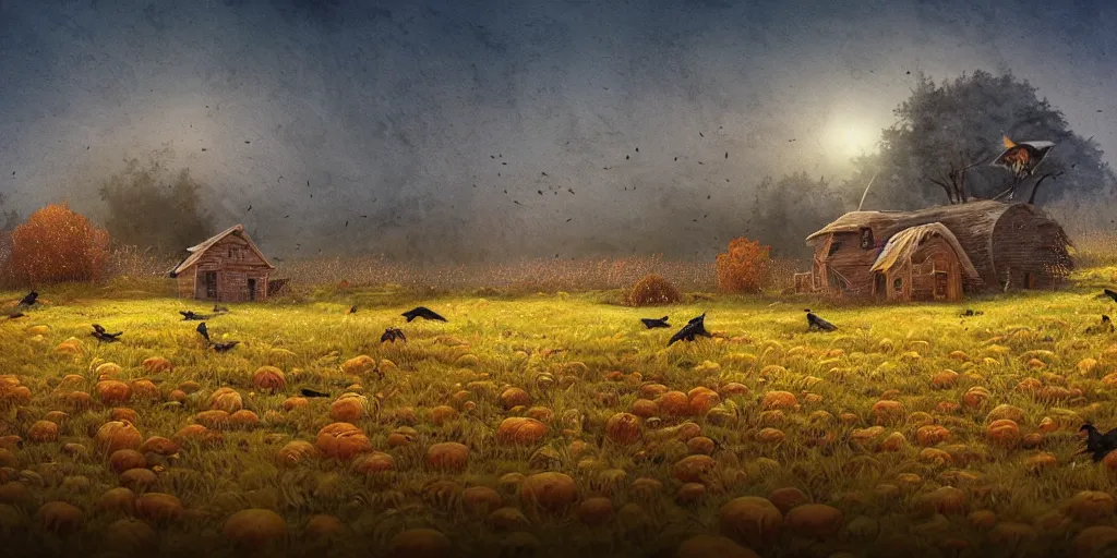 Prompt: epic illustration, incredible wide screenshot, ultrawide, simple watercolor, rough paper texture, autumn, mushroom house, pumpkin patch, rustic, folk, hay, moss, crows, scarecrow, realism, pale beige sky, texture, brown mud, dust, backlit distant shot a scenic environment by Anton Fadeev