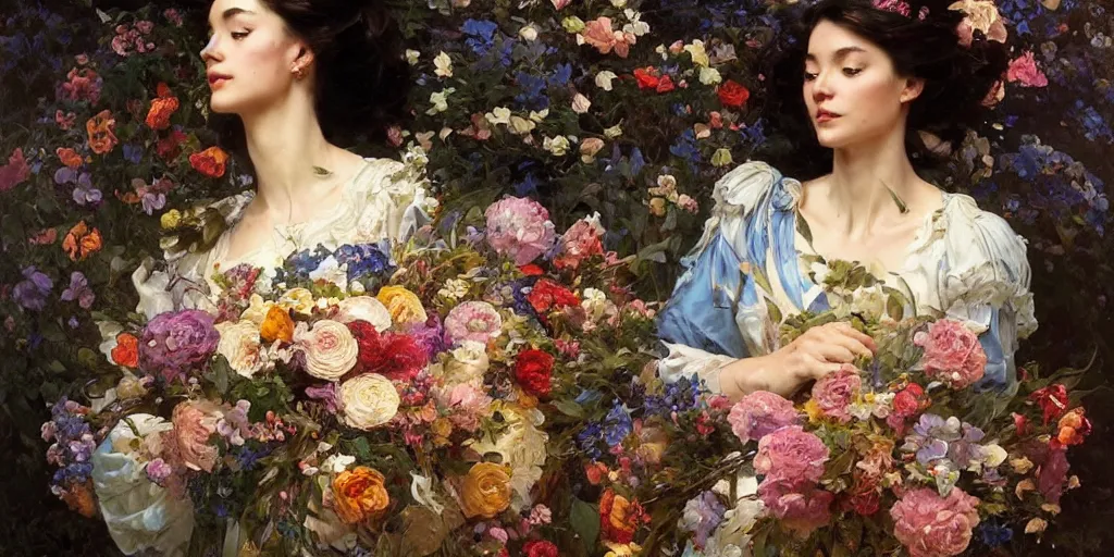 Image similar to portrait of a beautiful mysterious woman holding a bouquet of flowing flowers, hands hidden under the bouquet, large vases filled with flowers in the background, fantasy, regal, intricate, by stanley artgerm lau, greg rutkowski, thomas kindkade, alphonse mucha, loish, norman rockwell