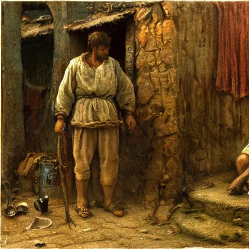 Image similar to jean francois millet as slum neighborhood on lord of the ring, random content position, human face details with, emotion, environment contents detail, incrinate, rgb color