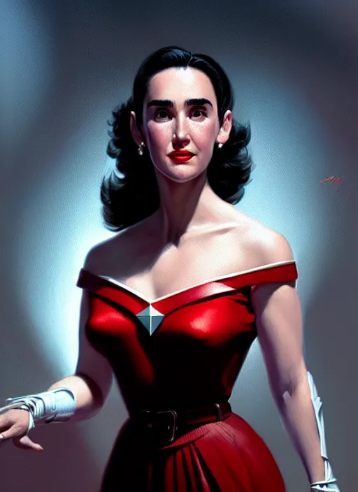 Image similar to portrait of 1 9 5 0 s darna, jennifer connelly, intricate, elegant, glowing lights, highly detailed, digital painting, artstation, glamor pose, concept art, smooth, sharp focus, illustration, art by wlop, mars ravelo and greg rutkowski