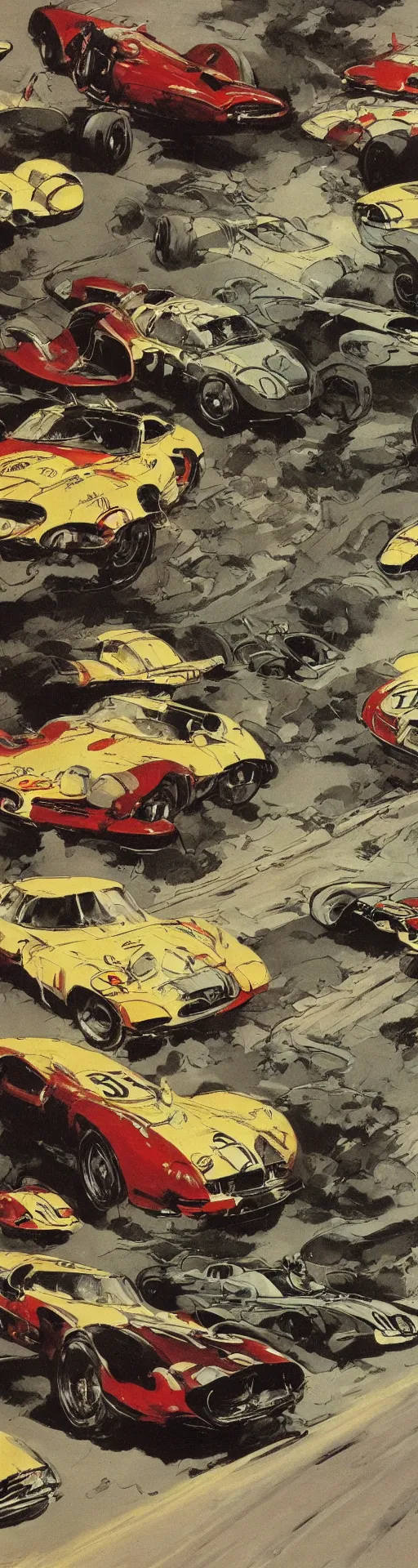 Image similar to a detailed road with racing cars by frank frazetta