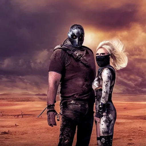 Image similar to a very huge, very big masked mutant man standing next to a small blonde woman, they are staring at the horizon where there are the ruins of a city, postapocalyptic, mad max style, award winning photograph, over the shoulder photo