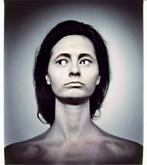 Prompt: a cia remote viewing, astral projecting, symmetrical face, photorealistic, dramatic, low - angle shot, 1 2 0 mm film, medium format, rolleiflex, ektachrome, studio lighting, mystical, paranormal, shot by platon