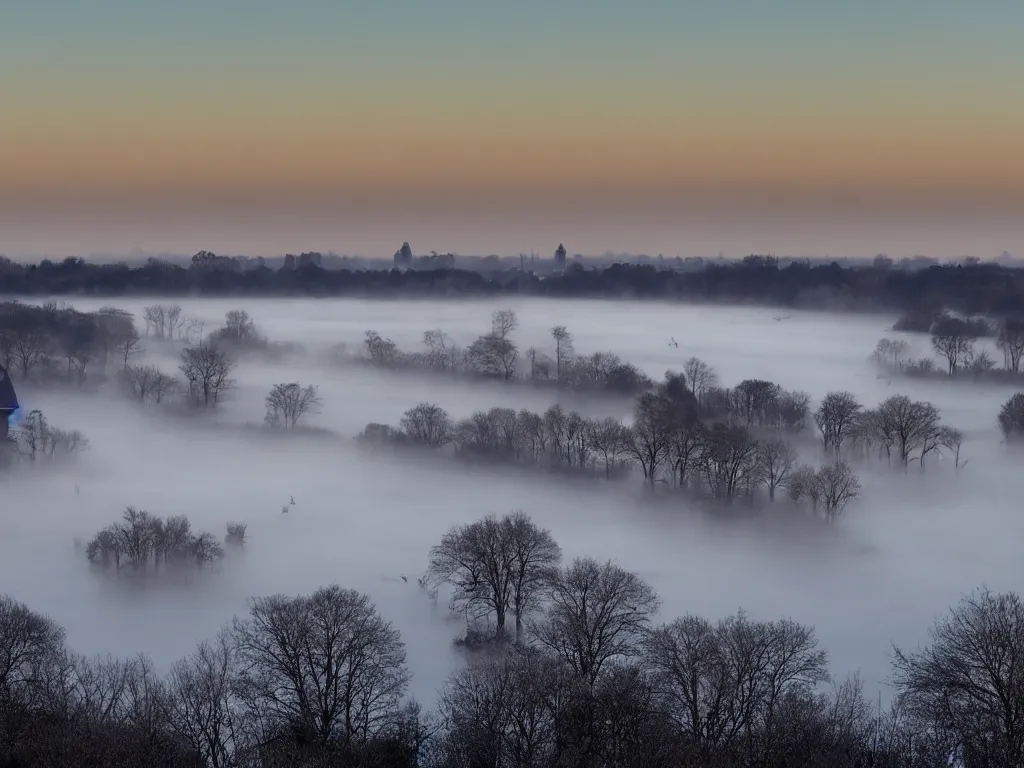 Image similar to I stand on a bridge at dawn on cold winter’s morning. There is frost on the ground and mist over the water. Two swans are swimming in the distance. I can just make out the roofs of some buildings in the far distance, but generally this area is rural. The first rays of sunlight are just emerging and are starting to cast a beautiful golden light across the fields. A goose flies low overhead. I raise my camera and hope to capture the beauty of this scene on my Sony A7R camera with a 17mm wide angled lens