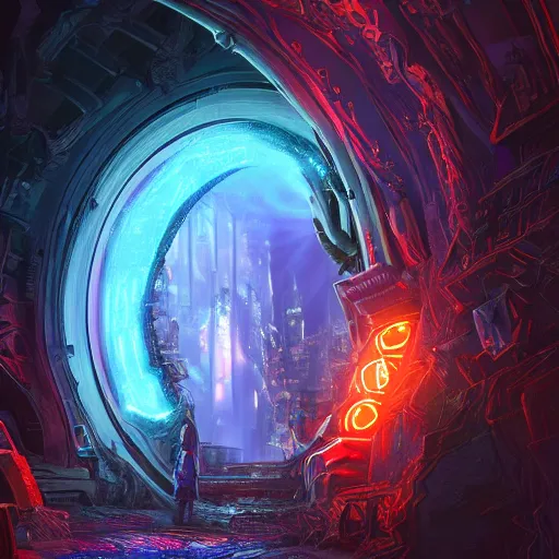 Image similar to portal to another dimension, magnificent, epic, neon, highly detailed, beautiful lighting, fantasy landscape, trending on artstation