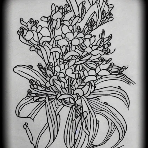 Image similar to azalea flowers in the style of the Voynich manuscript outline tattoo design, black ink on white paper