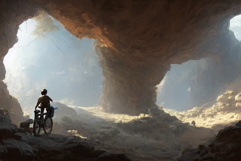 Prompt: a guy with a helmet explores a cave where papers with pictures hang from the walls, expressive oil painting, digital art, by dan mumford, by greg rutkowski, volumetrics, octane render