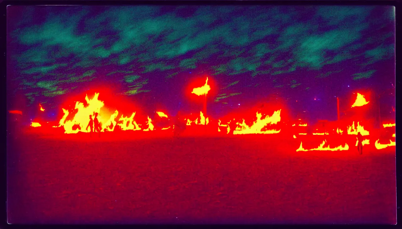 Prompt: colorful instant photograph of burning man at night, polaroid, light leak, raw, nostalgic