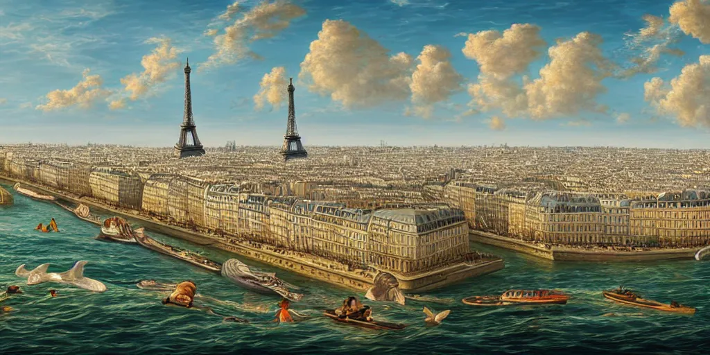 Image similar to master piece stunning digital painting of a parisian small city contained on the top of a giant sea turtle