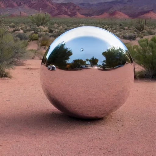 Image similar to a large metallic ball with a mirror finish sits in the Arizona desert