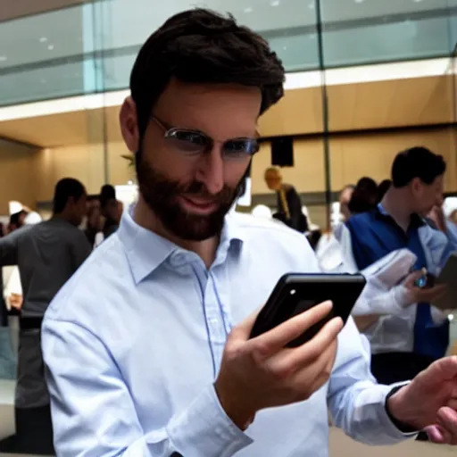 Image similar to jesus christ buying an iphone at the apple store