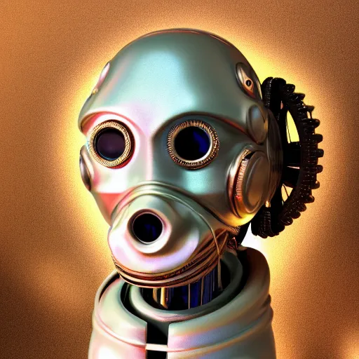 Image similar to a claymodel of a steampunk rococo spaced out futuristic robot head wearing multicolored tubes, 8 k, front shot, symetrical, flourescent colors, halluzinogenic, multicolored, exaggerated detailed, front shot, 3 d render, octane