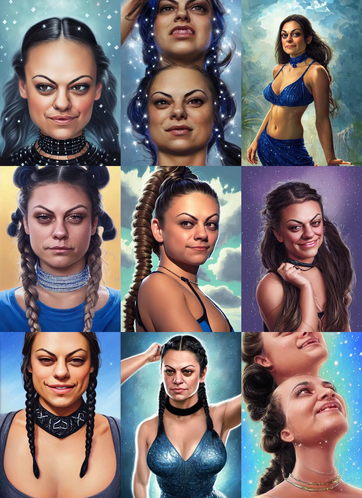 Prompt: portrait of smiling muscled Mila Kunis with braided pigtails hair and bright blue squinting eyes looking up into the sky, shiny sparkling diamonds, mouth slightly open, wearing intricate black choker, elegant, highly detailed, centered, digital painting, artstation, concept art, smooth, sharp focus, illustration, artgerm, donato giancola, Joseph Christian Leyendecker, WLOP, Boris Vallejo, Artgerm