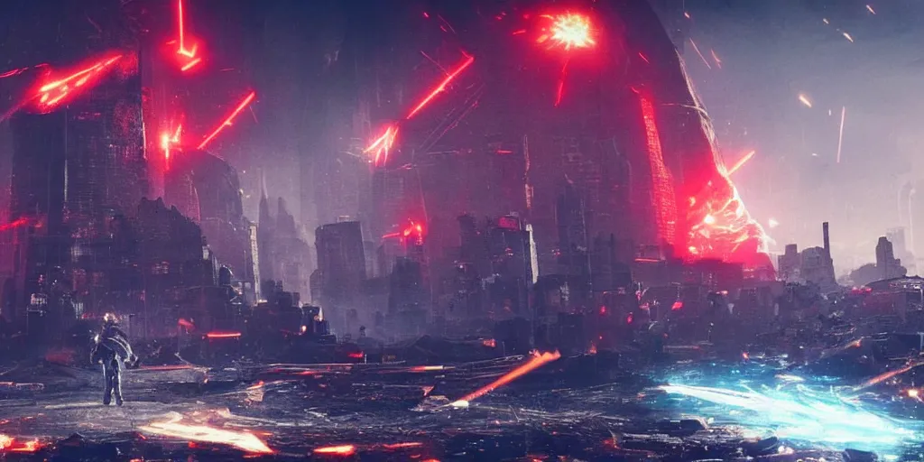 Image similar to a huge towering and broken stone tablet with red light + alien pattern, stands in the center of a prosperous city at the end of the world, and the power and energy is explode, secret, mysterious, doomsday, landscape, video game control, quantum break, arknights,