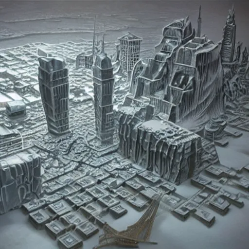 Image similar to a retro futuristic city carved out of ice