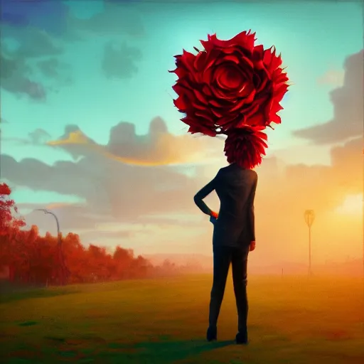 Image similar to portrait, giant rose flower head, girl dancing in a suit, surreal photography, sunrise, blue sky, dramatic light, impressionist painting, digital painting, artstation, simon stalenhag