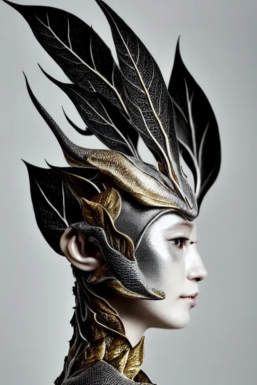 Prompt: monochrome close - up profile face, black background, beautiful porcelain vegetal - dragon - cyborg - female, beautiful natural soft rim light, silver gold details, magnolia leaves and stems, roots, mandelbot fractal, elegant, hyper real, ultra detailed, white metallic armour