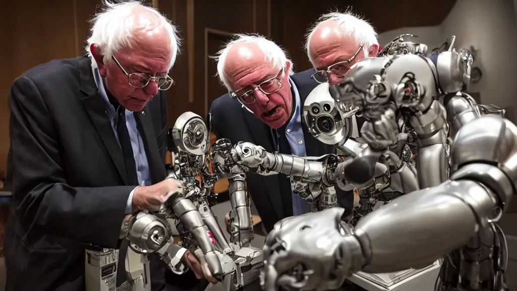 Image similar to bernie sanders putting the finishing touches on a cute clockwork doomsday robot, cinematic moody lighting, sharp focus, imax