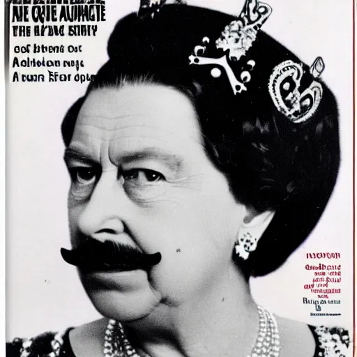 Image similar to the queen of england with hitler mustache in a magazine cover photo. highly detailed hair