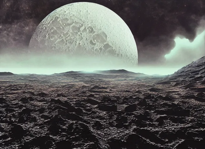 Prompt: digital art, trending on artstation, explosion of a planet, lunar landscape, moody
