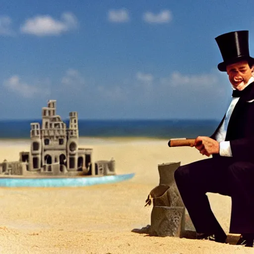 Prompt: the godfather wears a top hat and smiles and smokes a cigar. 5 0 mm, cinematic, technicolor. sea and beach and a sandcastle in the background.