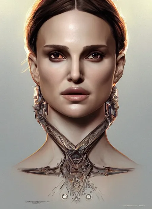 Image similar to symmetry!! natalie portman, machine parts embedded into face, intricate, elegant, highly detailed, digital painting, artstation, concept art, smooth, sharp focus, illustration, art by artgerm and greg rutkowski and alphonse mucha, 8 k