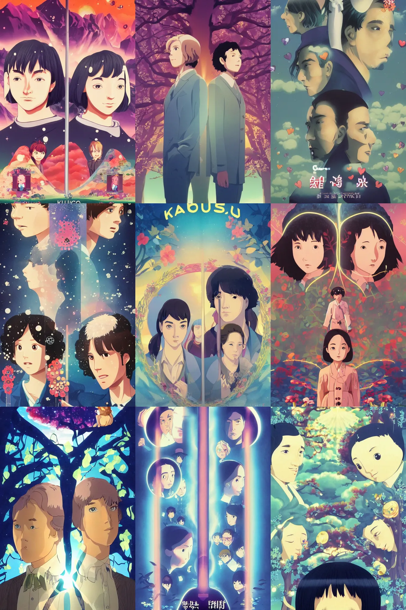 Prompt: a tv show about a tv show solving epic mysteries, Klaus Movie Twins poster, movie still, artwork by Chiho Aoshima, a Rendering illustration of a cinematic beautiful closeup moment of three friends standing facing toward their love, full of details, full view, Matte painting, trending on artstation, Mamoru hosoda