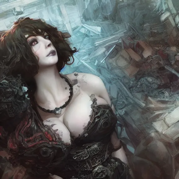 Image similar to christina hendricks!!!!! goth!!!!!, tankoban, 4 k, tone mapping, akihiko yoshida, james jean andrei riabovitchev marc simonetti, yoshitaka amano, long hair, curly, h. hydrochaeri