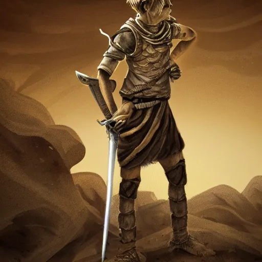 Image similar to a detailed illustration of a boy in the desert holding a sword, fantasy art illustration, incredibly highly detailed and realistic, 8 k, sharp focus