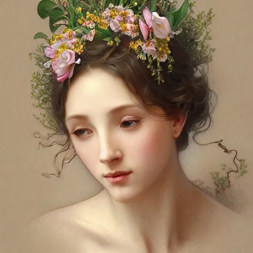 Image similar to portrait of flower goddess, full body, cute detailed face, bay leafes, tendrils, intricate, elegant, highly detailed, digital painting, artstation, concept art, smooth, sharp focus, illustration, art by artgerm and greg rutkowski and alphonse mucha and william - adolphe bouguereau and stephanie law