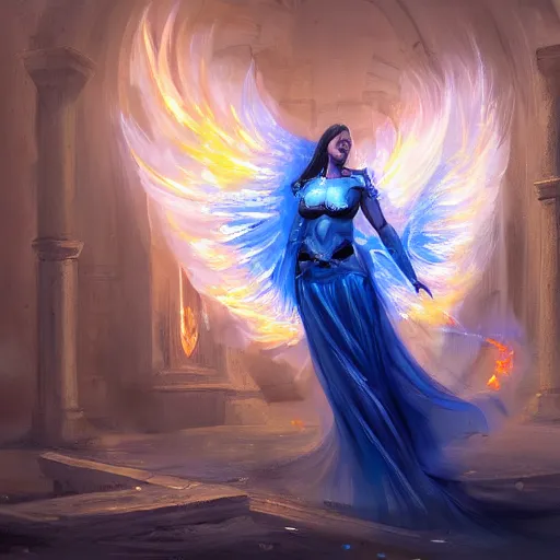 Prompt: a painting of a blue flaming angel in the middle of a citadel, artstation