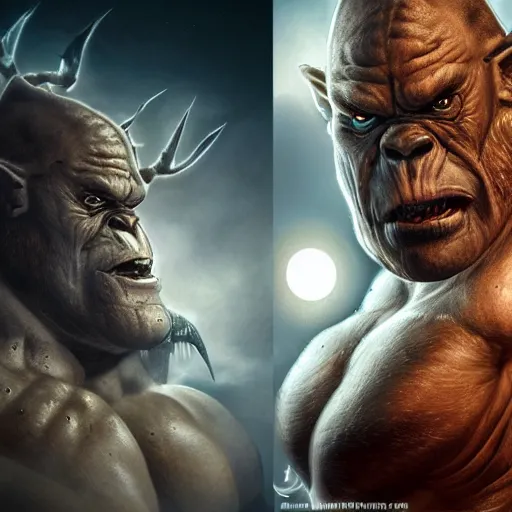 Image similar to a muscle bound ogre warrior, photo, professionally retouched, dramatic lighting, wearing bone armor, illuminated by moonlight, realistic, scared face, demonic, predator eyes, wide angle, sharp focus on eyes, 8 k high definition, insanely detailed, intricate, elegant, art by artgerm and wlop