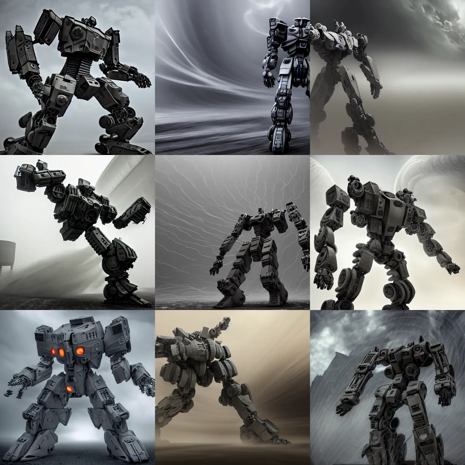 Prompt: massive interwoven gray sandstorm swirling, rotating, spinning whirlwind, intertwined a ruin humanoid mech, sandstorm, windstorm, winter storm, turnado, armored core, pacific rim jaeger, gear, wire, screw, nut,