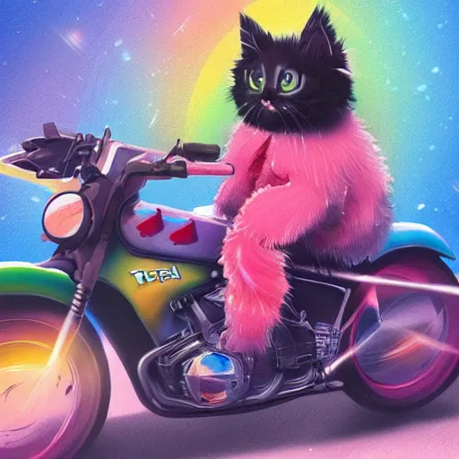 Image similar to wide angle full body, jacket wearing fluffy cute rainbow kitten wearing a black leather motorcycle jacket, riding on a motorcycle, cinematic concept art