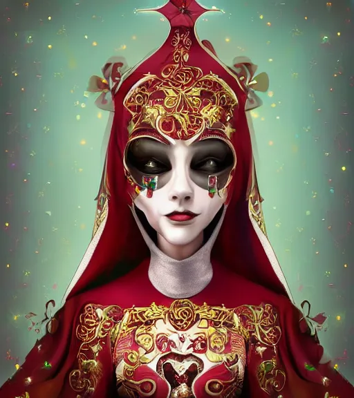 Prompt: beautiful female character inspired by venice carnival, christmas and nun | | digital artwork made by greg rutswork, anna dittmann, rosdraws and lois van barlee, symmetrical, anatomically correct