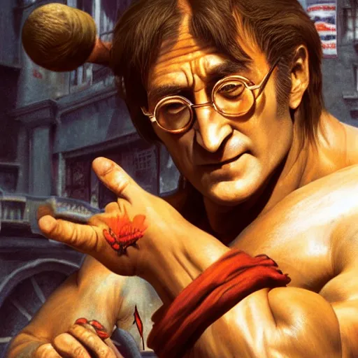 Image similar to john lennon as dhalsim street fighter, ultra realistic, concept art, intricate details, highly detailed, photorealistic, octane render, 8 k, unreal engine, art by frank frazetta, simon bisley, brom
